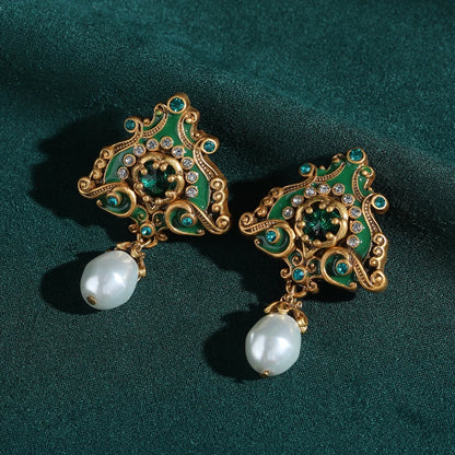 Vintage Pearl Triangle Green Flame Enamel Freshwater Wedding Pendant Earrings