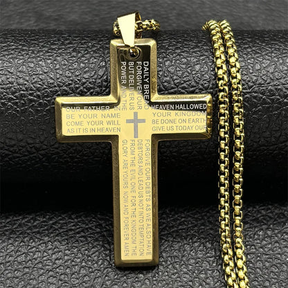 Men Stainless Steel Gold Color Bible Amulet Cross Christian Church Prayer Necklace