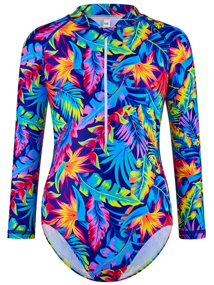 Kids Girls One-Piece Long Sleeve All-over Plants Colorful Leaves Print Boyleg Shorts Swimsuit