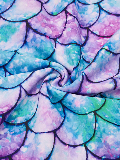 Kids Girls Long Raglan Sleeve Scale Print Zipper Boyleg Shorts Swimwear Beach Swimsuit