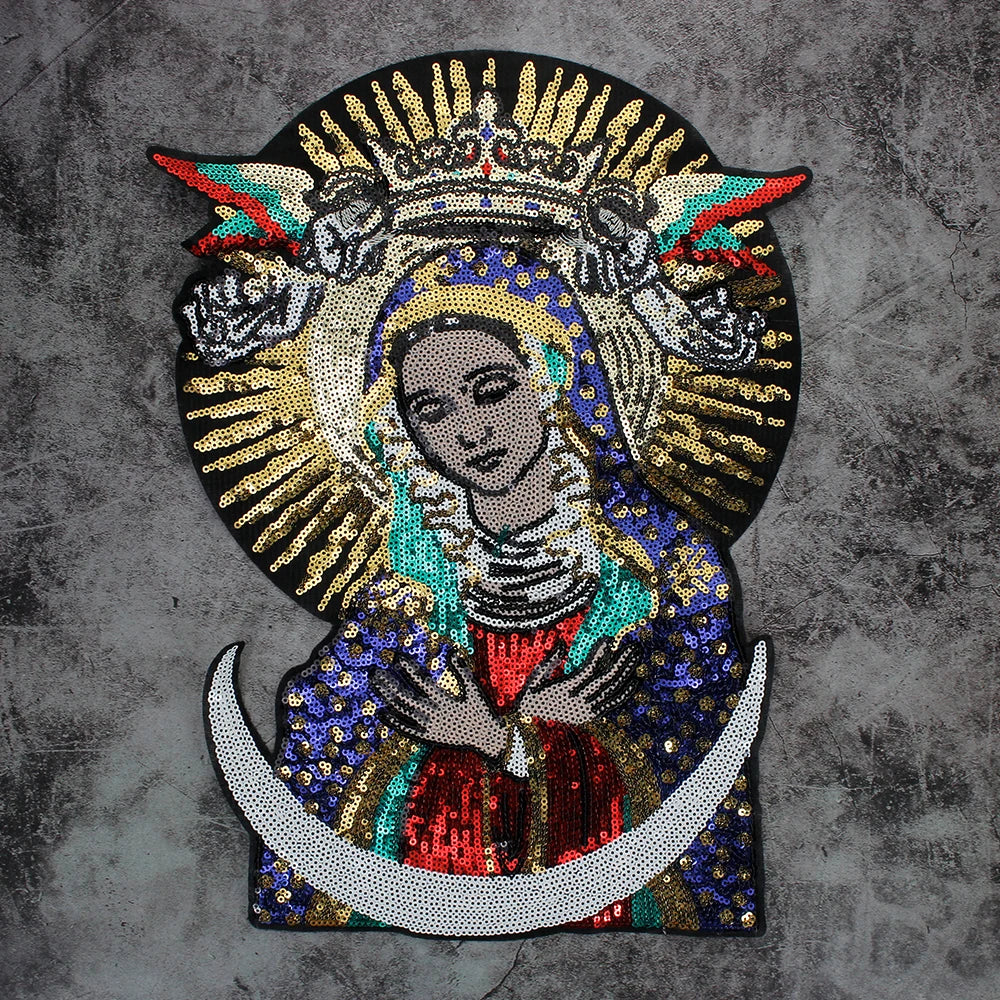 Large Sequins cross rose Blessed Virgin Mary Goddess Embroidery Patches for Clothes DIY sew Stripes Applique