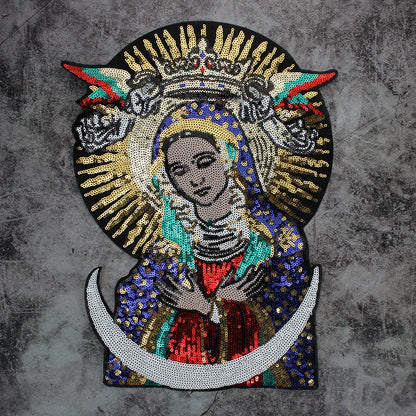 Large Sequins cross rose Blessed Virgin Mary Goddess Embroidery Patches for Clothes DIY sew Stripes Applique