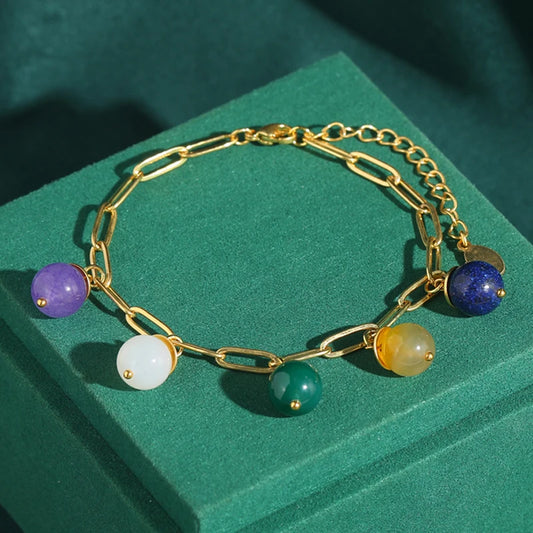 Vintage Colorful Natural Stone Women Charms Luxury Gold Color Chain Wedding Bracelet
