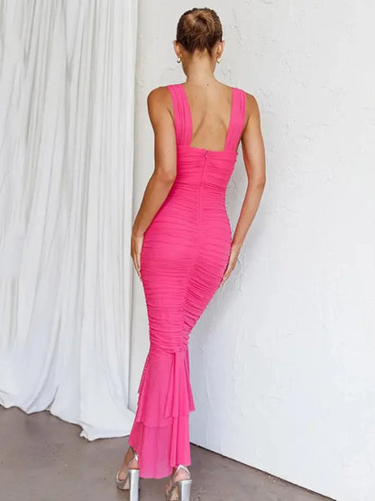 Women Hollow Out Backless Ruched Maxi Mesh Elegant Spaghetti Strap Sleeveless Bodycon Party Long Dress