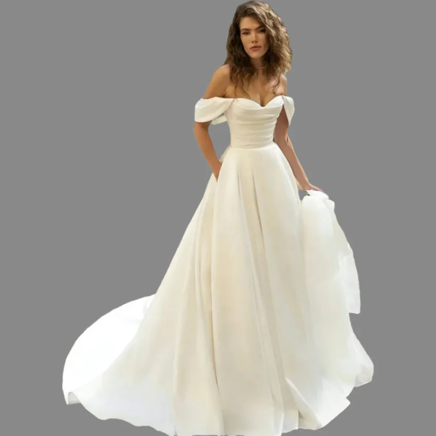 Romantic Off The Shoulder Simple Satin Wedding Pleat Sweep Train A Line Bridal Lace-up Dress Gown