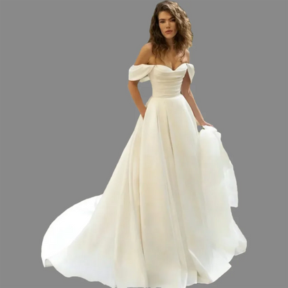 Romantic Off The Shoulder Simple Satin Wedding Pleat Sweep Train A Line Bridal Lace-up Dress Gown