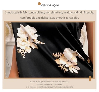 Women Nightwear Black Floral Print Nightdress Sleepwear Gowns