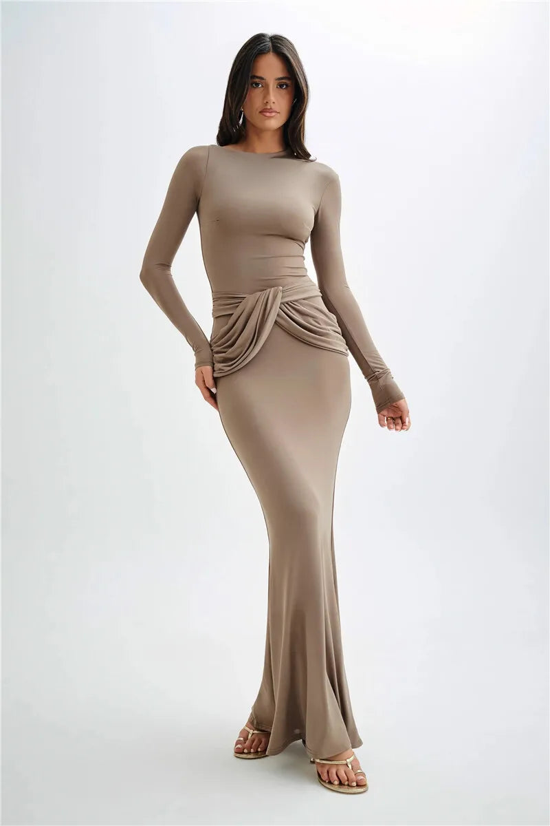 Women Diagonal Collar Long Sleeve Maxi Solid High Waist Ruched Bodycon Long Dress