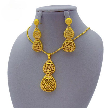 African 24K Gold Plated Women Droplet Dubai Indian Bridal Wedding Party Necklace Earrings Jewelry Set