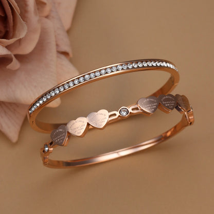 Delicate Stainless Steel Gold Color Peach Heart Crystal Design Charm Bangle Bracelet