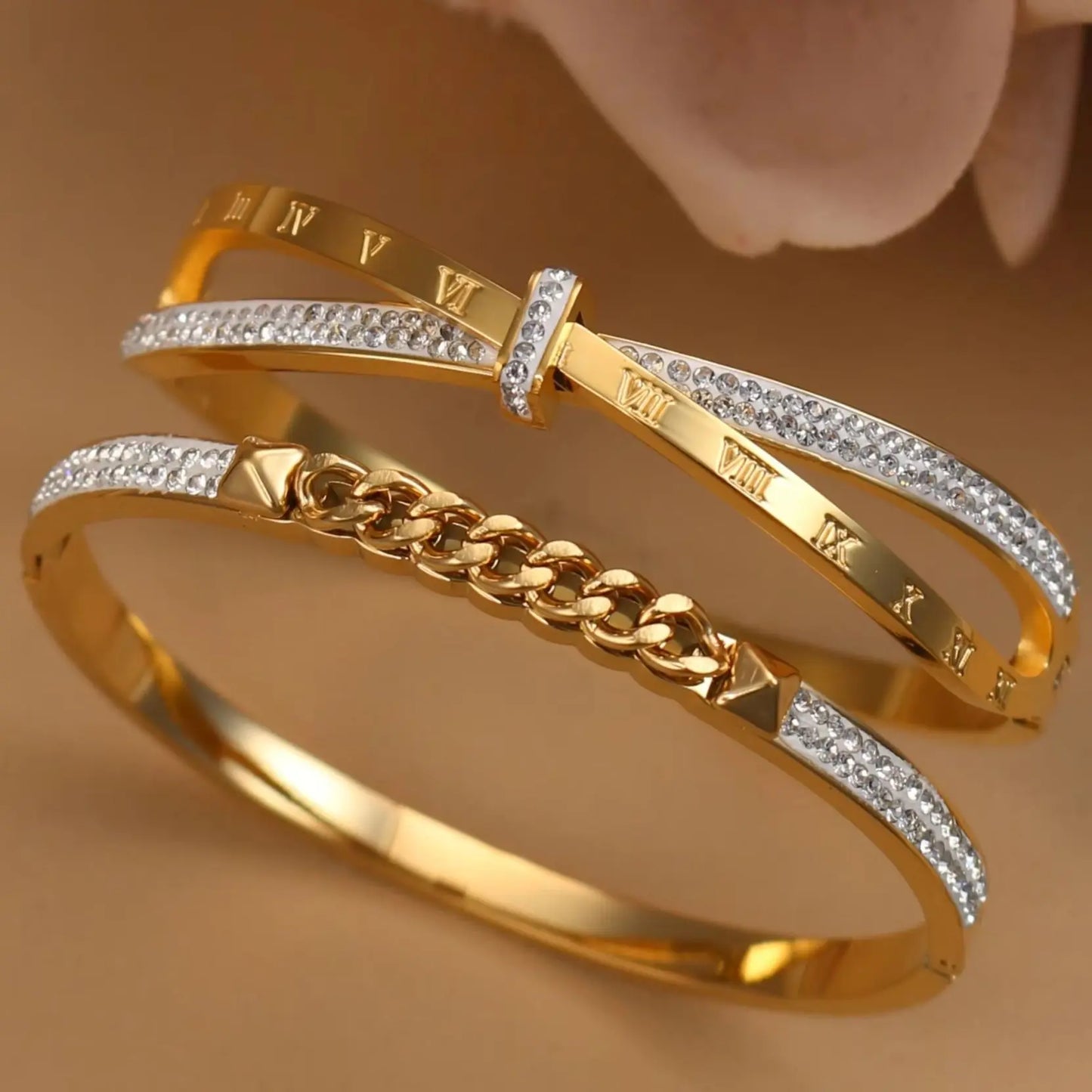 Love Charm 18k Gold Stainless Steel Crystal Cross Roman Numerals Bangle Bracelet
