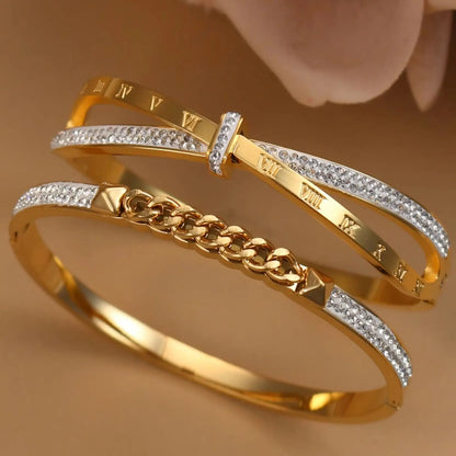 Love Charm 18k Gold Stainless Steel Crystal Cross Roman Numerals Bangle Bracelet