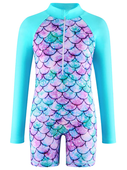 Kids Girls Long Raglan Sleeve Scale Print Zipper Boyleg Shorts Swimwear Beach Swimsuit