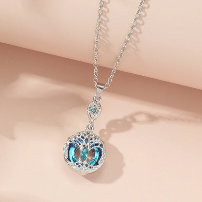 Women Luxury Sparkling Zircon Round Blue Crystal Tree of Life Pendant Necklace