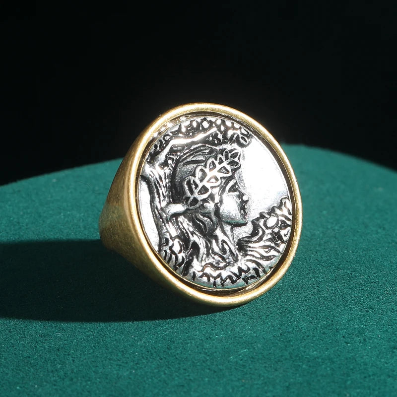 Women Romantic Antique Cameo Head Vintage Round Wedding Rings