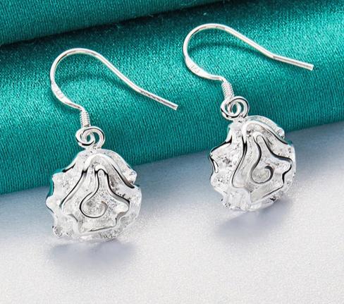 4pcs Women 925 Sterling Silver Rose Flower Wedding Engagement Necklace Bracelet Earring Ring Sets