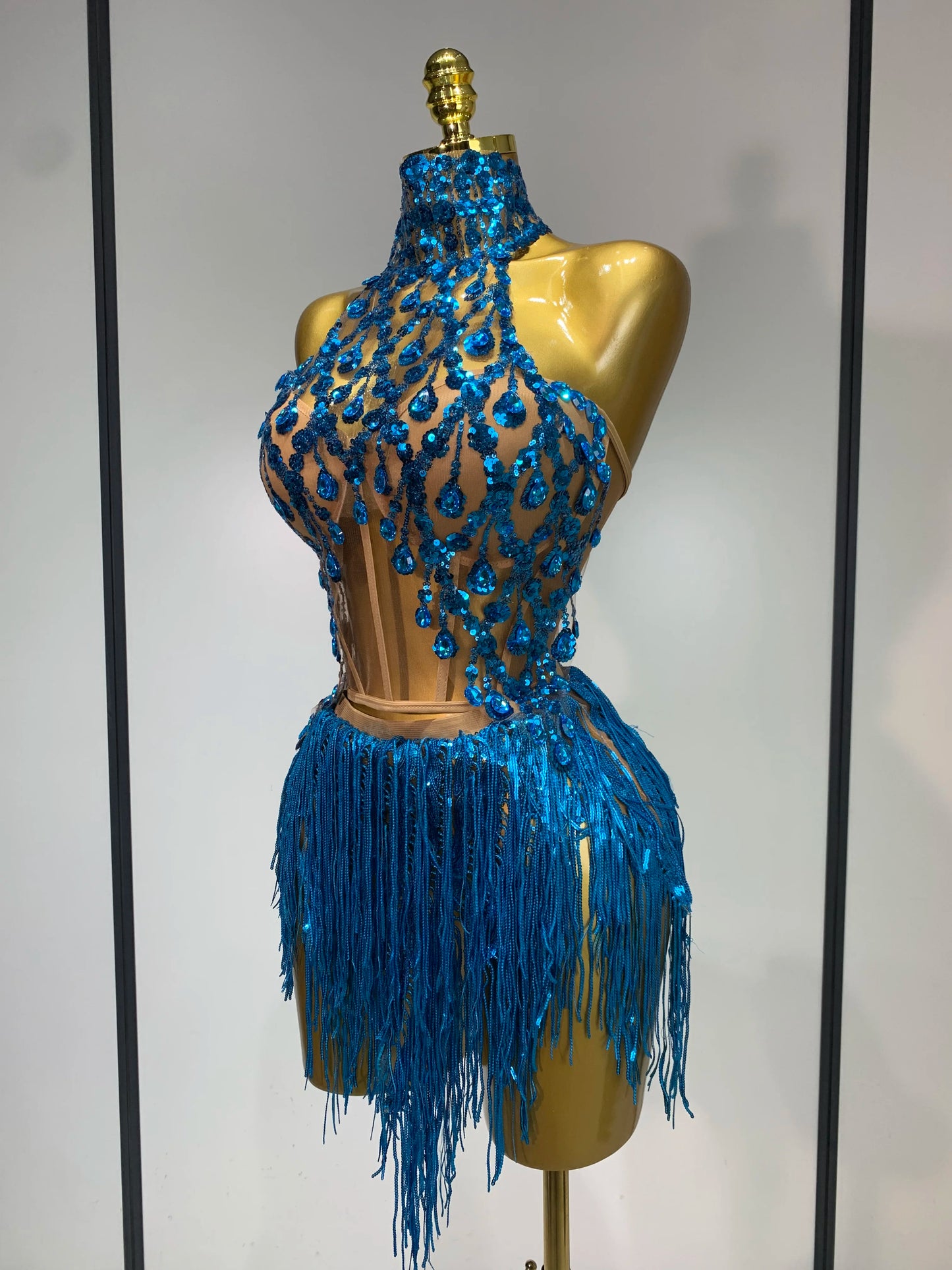 Sexy Shinning Rhinestone Tassels Two Pieces Nightclub Evening Party Birthday Clubbing Dress