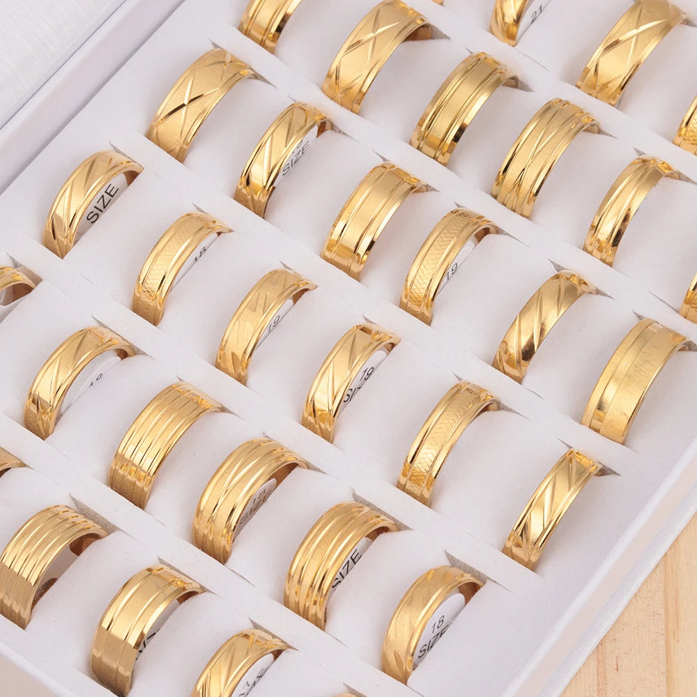 24pcs/lot Fashion Stainless Steel Stripe Gold Color Men Mix Stylish Rings