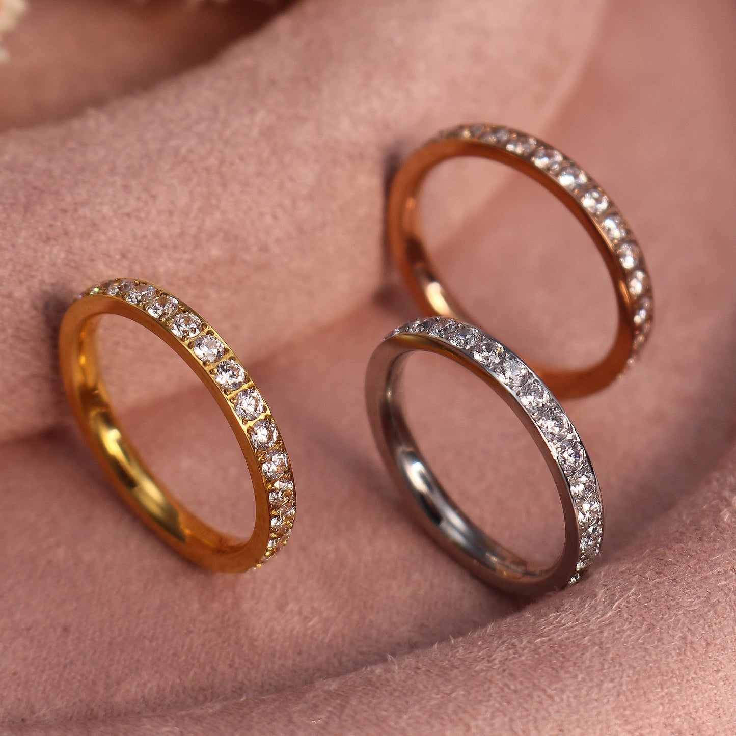 2mm Women 18k gold plated Stainless Steel Crystal CZ Eternity Wedding Ring Gifts