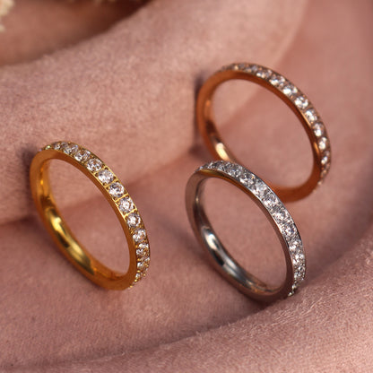 2mm Women 18k gold plated Stainless Steel Crystal CZ Eternity Wedding Ring Gifts