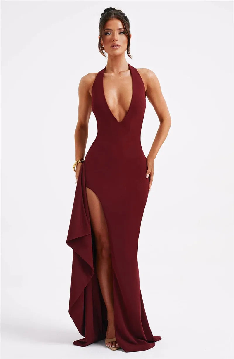 Women Deep V Neck Thigh High Split Maxi Halter Sleeveless Backless Bodycon Party Long Dress