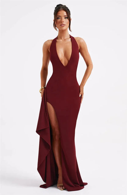 Women Deep V Neck Thigh High Split Maxi Halter Sleeveless Backless Bodycon Party Long Dress