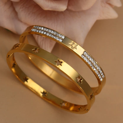 18K Gold Plated Stainless Steel Hollow Star Zircon Bracelet Bangle