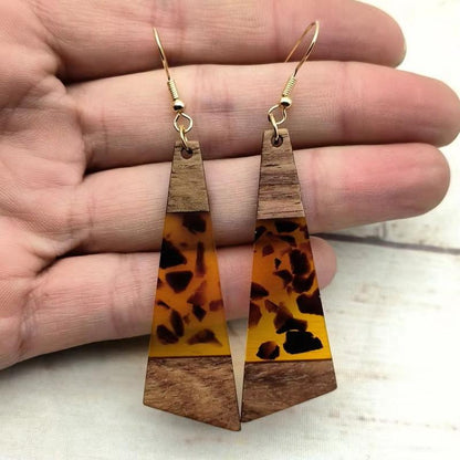 11 Colors Women Walnut Wood Gold Foil Epoxy Resin Art Dangle Earrings