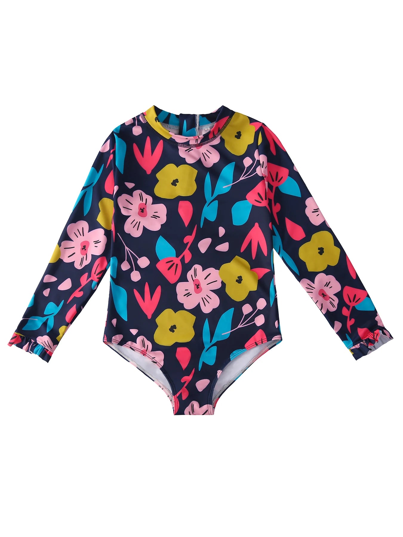 Kids Girl Floral Pattern Long Sleeve Zipper Back Ruffles Frill Cuff Jumpsuit Swimwear Beachwear Bathing Suits