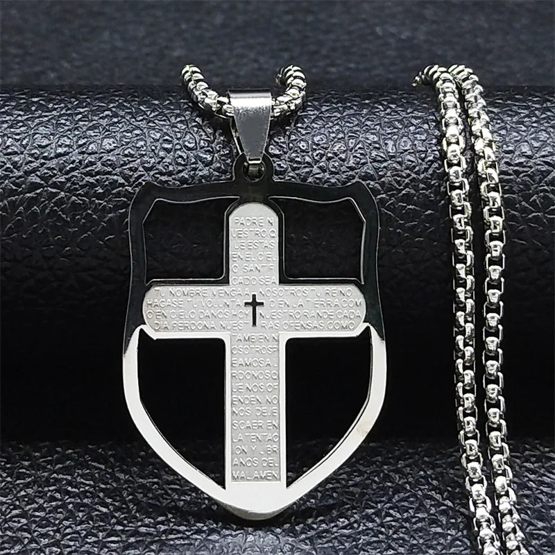 Spanish Religious Catholic Holy Bible Verse Projection Cross Heart Stainless Steel Necklace