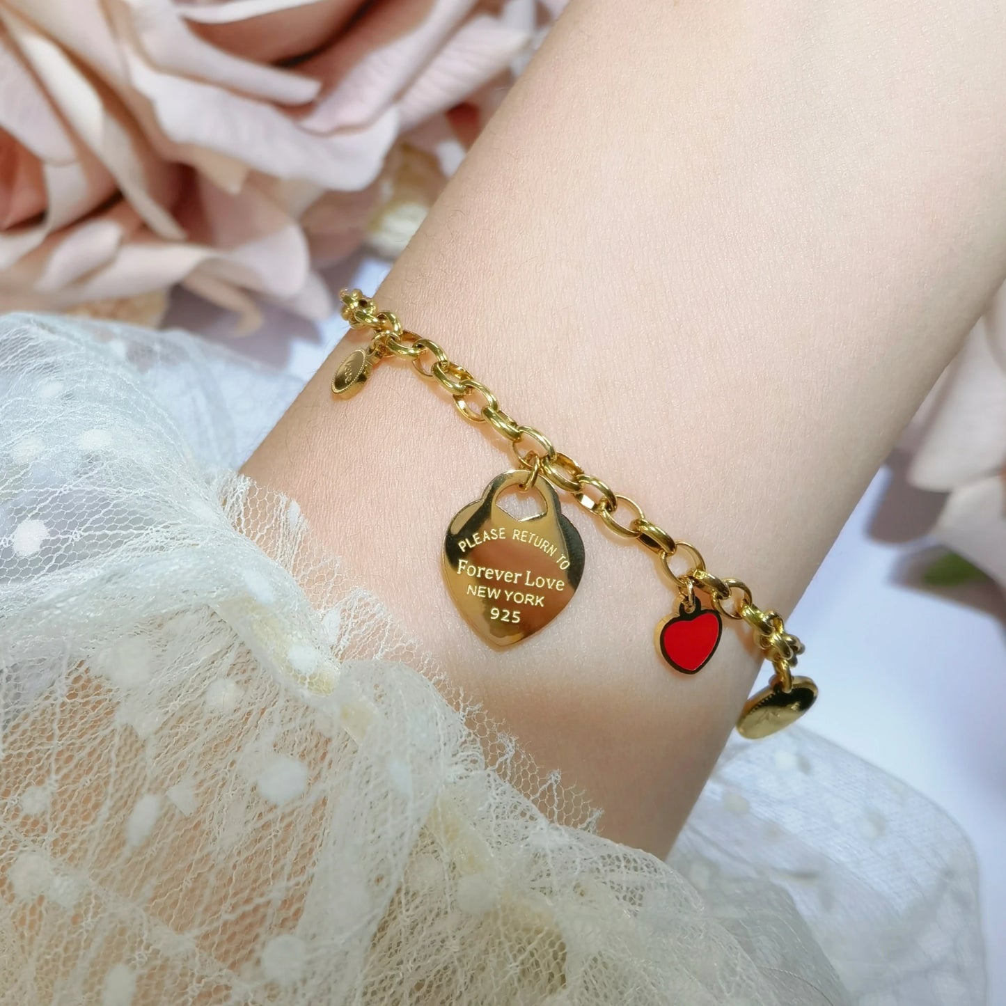 Women Fashion Stainless Steel Gold color Bangle LOVE Heart Pendant LOVE Bracelet