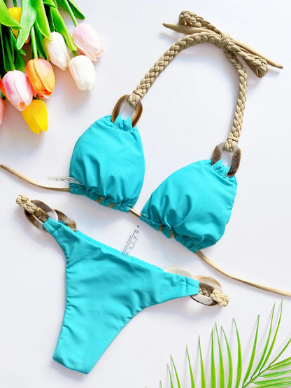women Halter micro bikini ring Weave triangle swimsuit Brazilian bathing two pieces suit