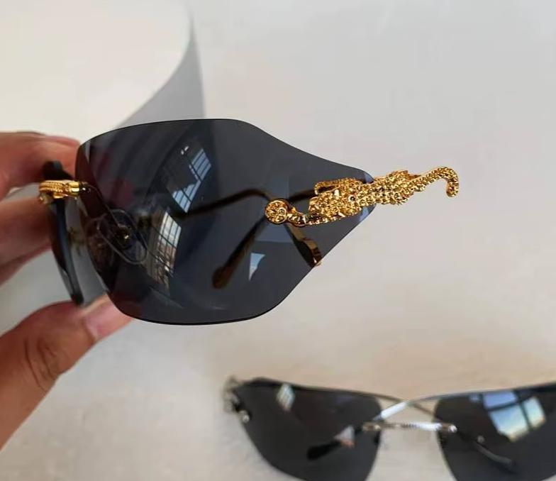 Women Men Gold Silver Designer Y2K Rimless Curved Rectangle Vintage Punk Shades Sunglasses