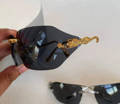Women Men Gold Silver Designer Y2K Rimless Curved Rectangle Vintage Punk Shades Sunglasses