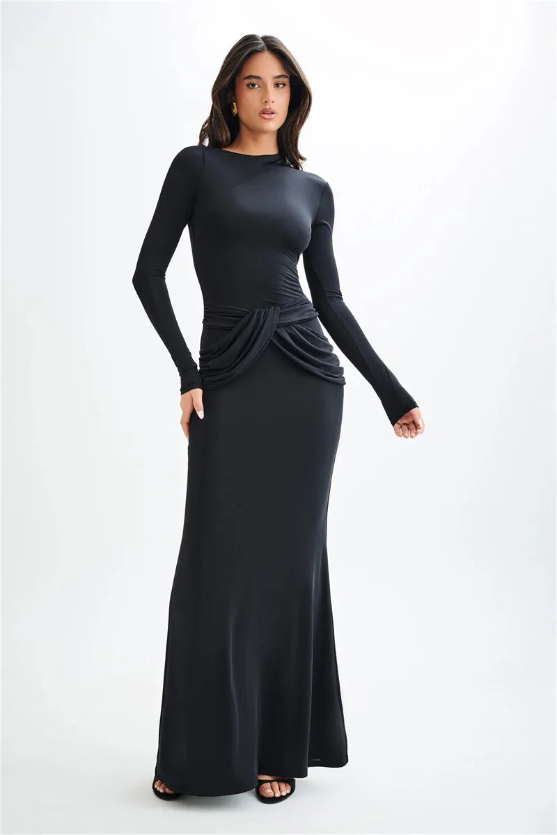 Women Diagonal Collar Long Sleeve Maxi Solid High Waist Ruched Bodycon Long Dress