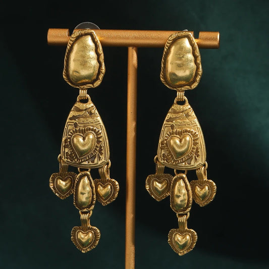 Women Gothic Carved Shape Heart Antique Vintage Drop Gold Color Indian Dangle Earrings