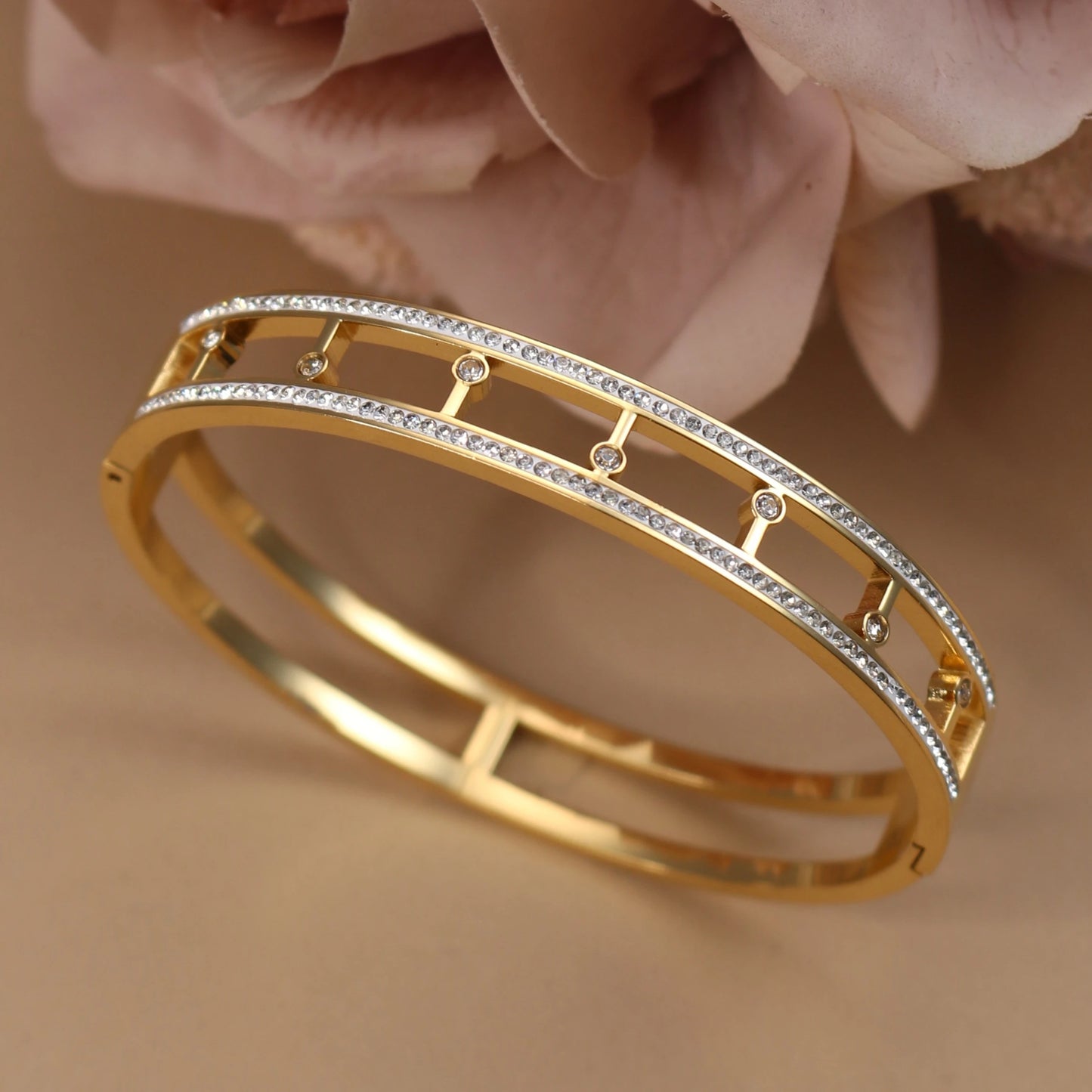 Women Stainless Steel Cross Small Zircon Round Charm Crystal Bangle Bracelet