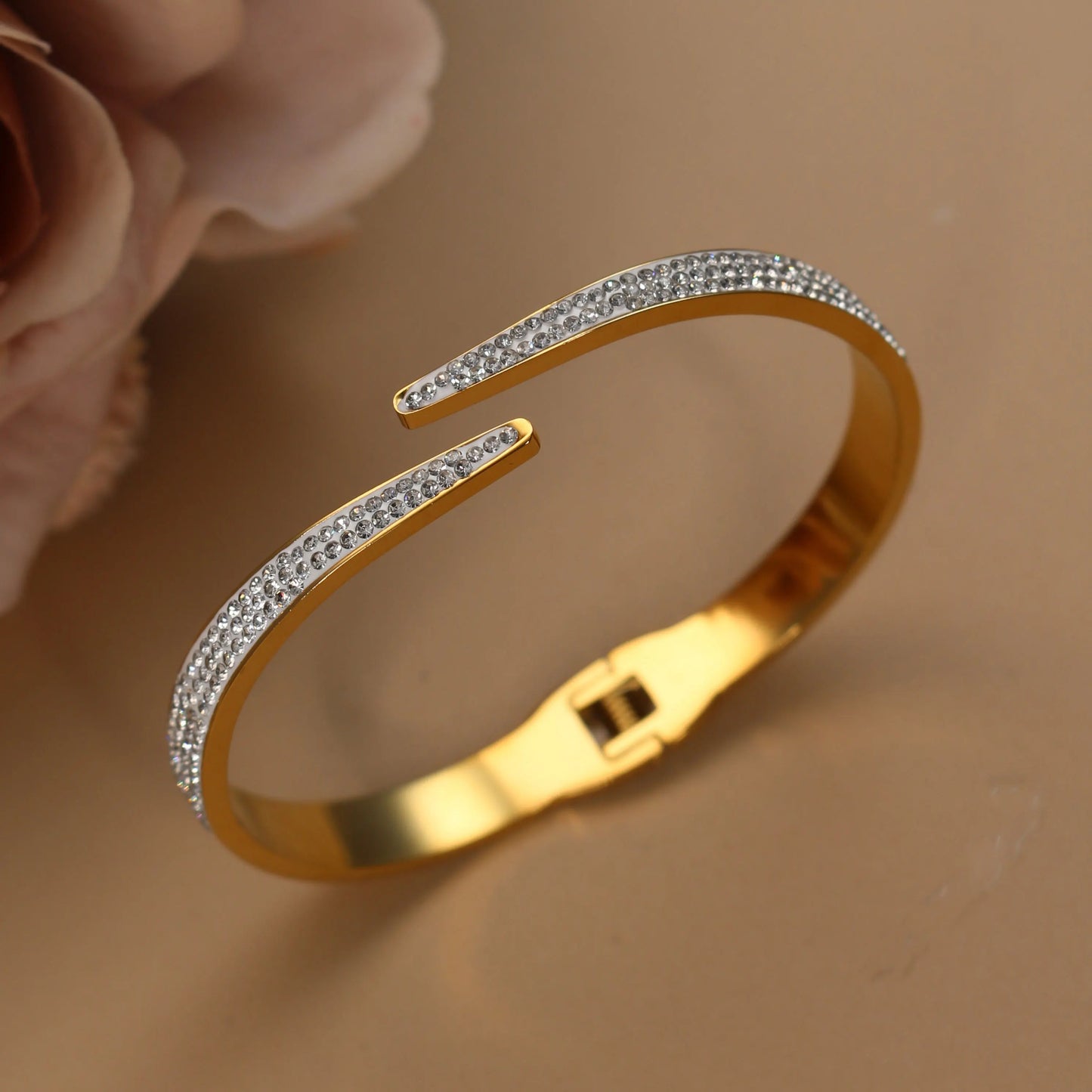 Women Stainless Steel Crystal Hollow Water Drop Open Bracelet Bangle