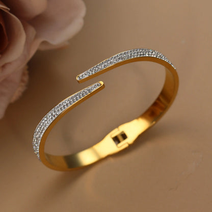 Women Stainless Steel Crystal Hollow Water Drop Open Bracelet Bangle