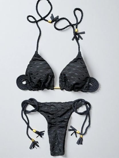 Women's two-piece set w/ push up hanging neck solid color bikini beach swimsuit