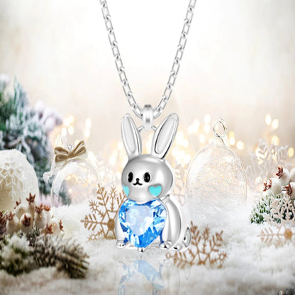 Women Fashion Girl Cartoon Bunny Animal Heart Shape Blue Crystal Rabbit Pendant Necklace Gift