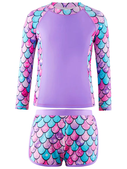 2pcs Kids Girls Long-Sleeved Scale Print Tops Boyleg Swim Shorts Swimwear Suit