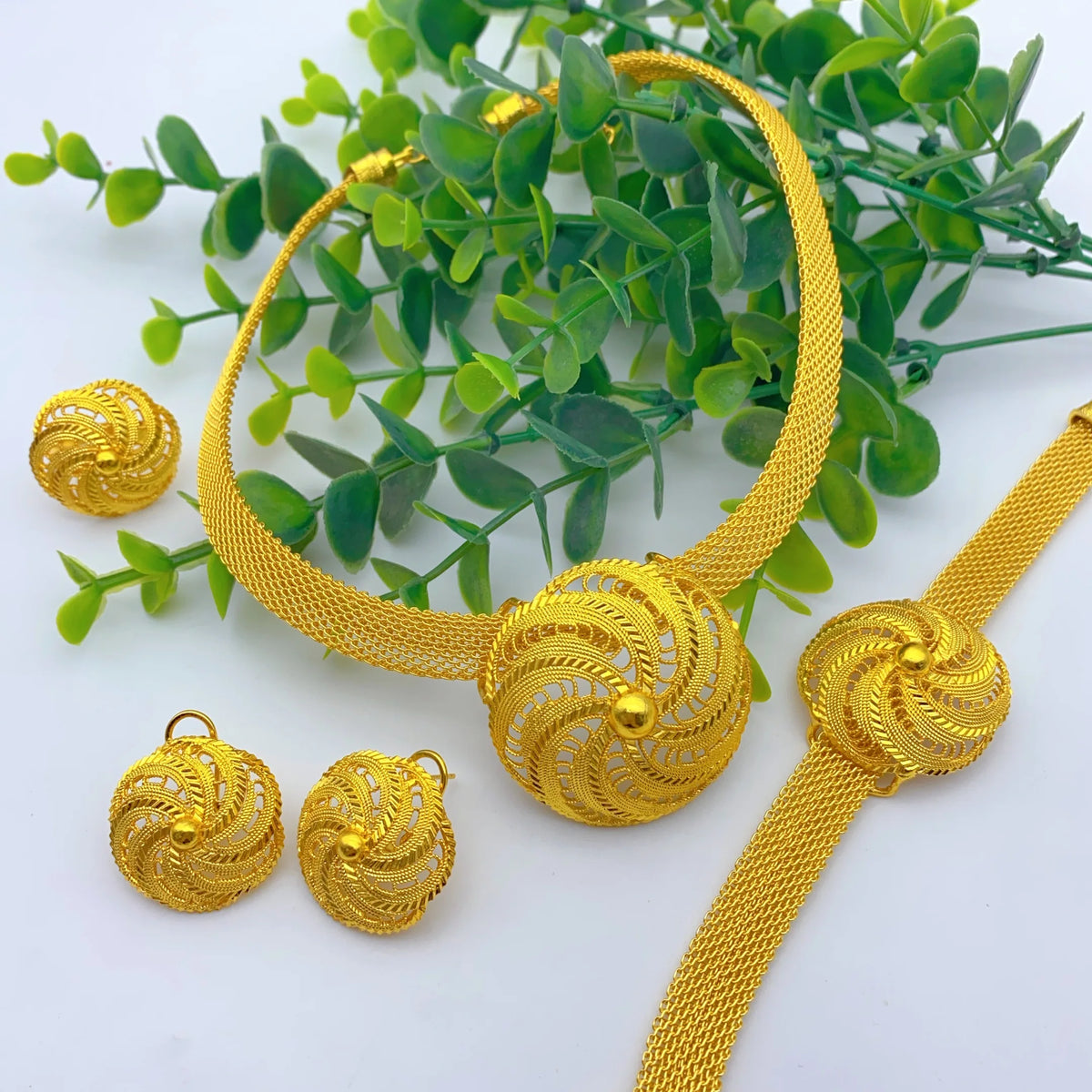 Dubai Women Wedding Gold Plated African Indian Round Necklace Earrings Jewelry Sets