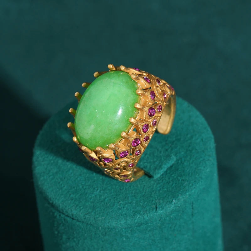 Women Vintage Antique Gold Color Oval Crystal Emerald Round Natural Stone Rings