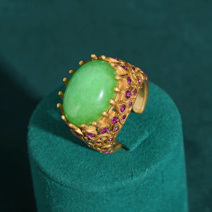 Women Vintage Antique Gold Color Oval Crystal Emerald Round Natural Stone Rings