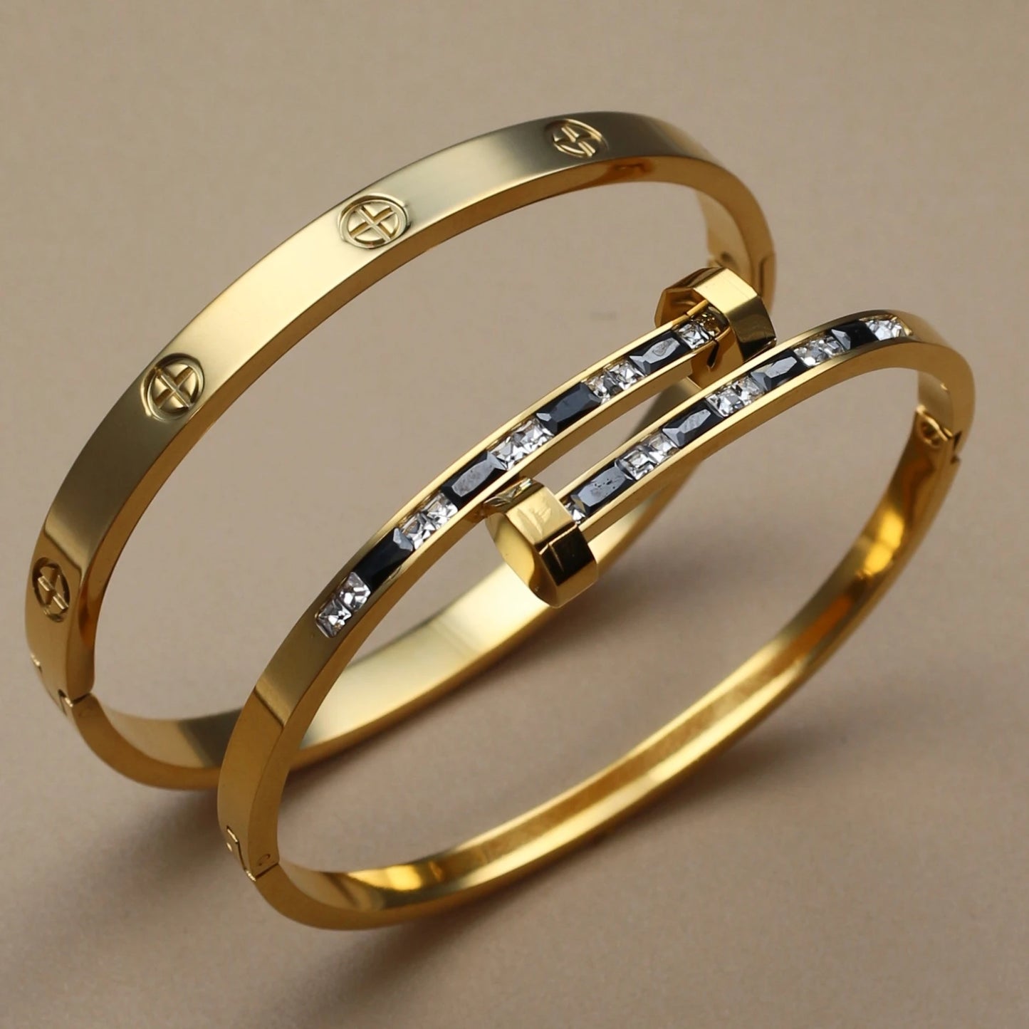 Fashion Cross Crystal Design Stainless Steel Gold Color Stacking Bracelet Bangle