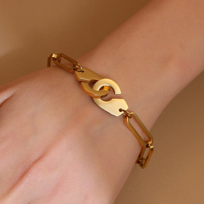 Women 18K Gold-Plated Stainless Steel Bead Open Bracelet Clasp Design Bangles Jewelry