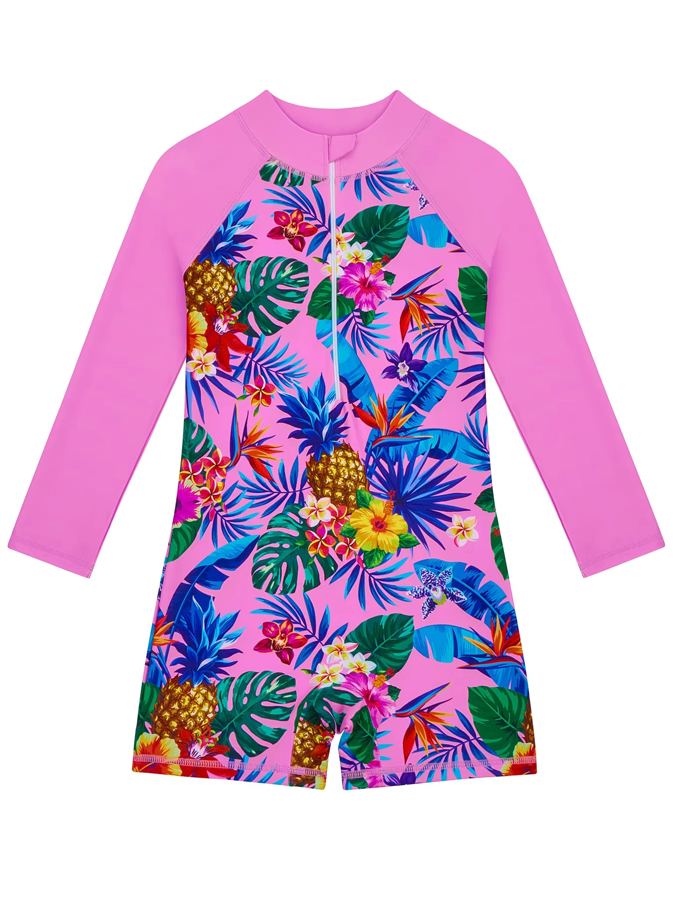 One-Piece Kids Girl Long-Sleeved Pink Plants Print Zipper Boyleg Shorts Swimming Swim Romper