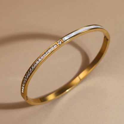 4mm Women's Stainless Steel Crystal Shell Design 18K Gold Plated 2-in-1 Bracelet Bangle