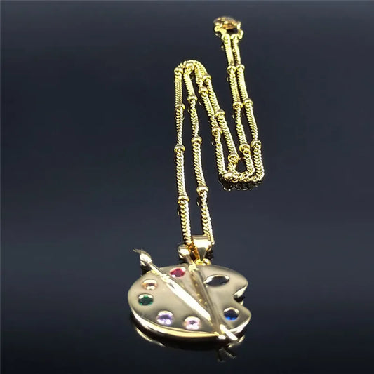 Painting Plate Zircon Stainless Steel Art Pigment Palette Choker Necklace